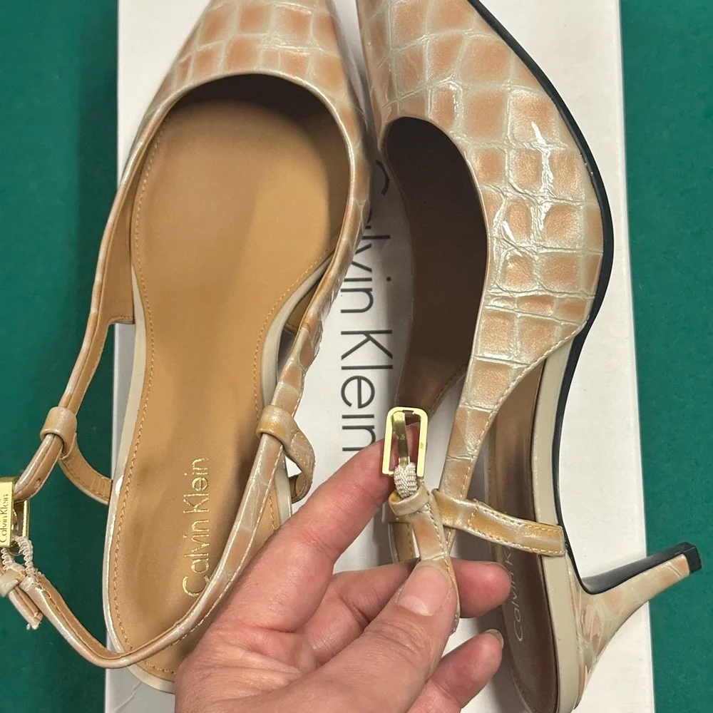 Calvin Klein Beige Croc-Embossed Slingback Heels